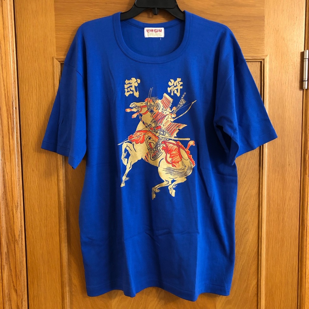 Ichiban Vintage Japanese Single Stitch Samurai Print Blue T-Shirt Size L